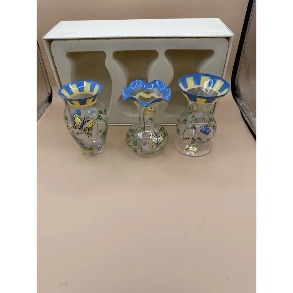 Lenox Hand Painted Glass Bud Vases Blue Yellow Butterfly Floral Design Set of 3
